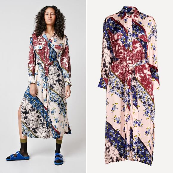 SMYTHE Shirtdress Multi Scarf Print Size Small Pink Cream Red Blue Floral Chic‎ - Picture 2 of 16